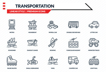 transportation icons set - metro, houseboat, schooner, yawl, light rail outline vector collection. © IconArt
