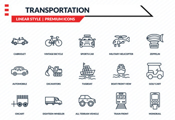 transportation icons set - cabriolet, vintage bicycle, automobile, all terrain vehicle, monorail outline vector collection. © IconArt