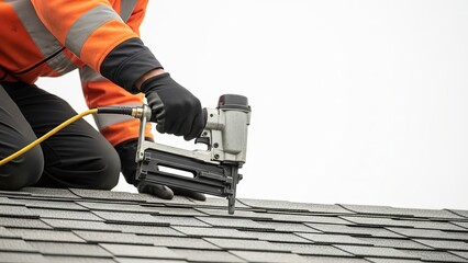 Roofer installing shingles with nail gun on roof