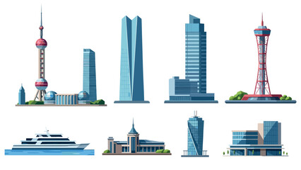 Obraz premium Modern urban landmarks and skyscrapers with futuristic architecture elements on a white background