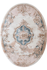 Fototapeta premium A vintage inspired modern rug with a detailed pattern in washed pastel colors. The design features floral elements and ornate shapes on a transparent background