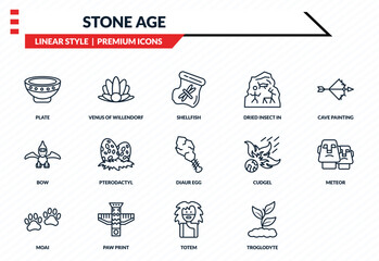 stone age icons set - plate, venus of willendorf, bow, totem, plant outline vector collection. © IconArt