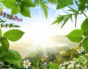 Obraz premium Vibrant Nature Scene with Sunlight Shining Through Green Foliage