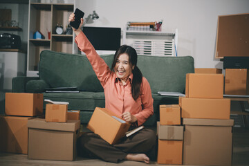 Startup, small business, SME owner check online orders. data logging Business growth, selling products, working with boxes. freelance work at home office online sme business small organization