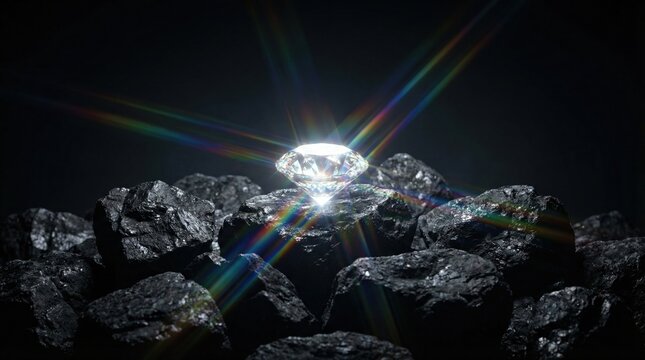 Brilliant diamond surrounded by rough dark coal stones symbolizing value and potential hidden within unrefined and unexpected materials