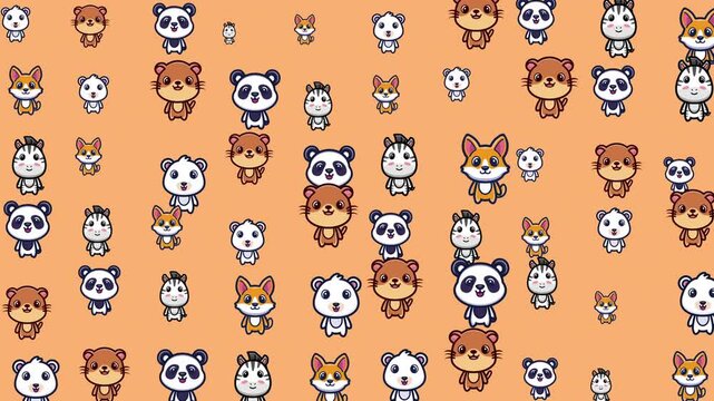 Pattern of pandas, bears, corgis, and rabbits on orange ideal for backgrounds, wallpapers, giftwraps, and stationery with a cute animal theme.
