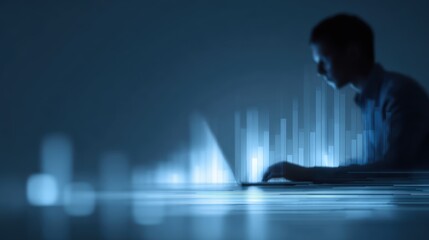 Data scientist programmer using laptop analyzing financial data on futuristic interface