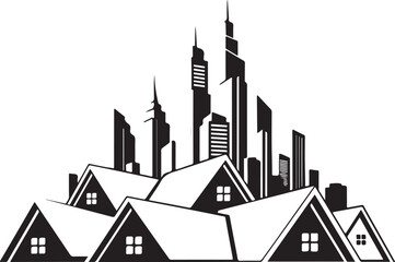 City skyline with modern skyscrapers and traditional houses in contrast