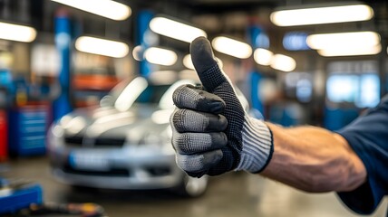 Mechanic giving thumbs up gesture in auto service garage
