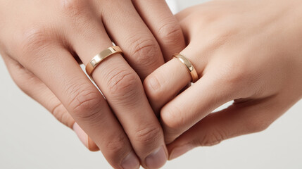 close up of a newlywed couple's hands with elegant wedding bands, romantic symbolic gesture of marriage and commitment, soft minimalist wedding photography of gold rings
