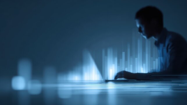 Data scientist programmer using laptop analyzing financial data on futuristic interface - Powered by Adobe