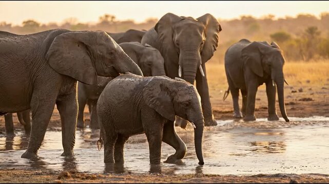 African Elephant Herd with Baby Calf Drinking and Splashing Water in River at Golden Sunset Safari Wildlife