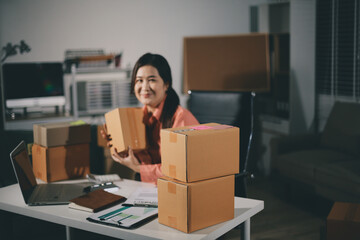 Startup, small business, SME owner check online orders. data logging Business growth, selling products, working with boxes. freelance work at home office online sme business small organization