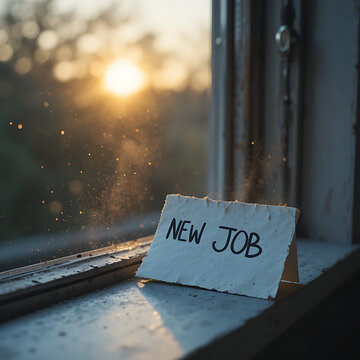 A handwritten "New Job" card rests on a windowsill, glowing against a warm sunset backdrop.