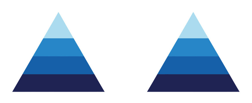 Pyramid infographic blue set featuring triangle hierarchy data segments on white background, ideal for process visualization, business presentation, organizational charts, and flat vector infographic 