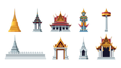 Obraz premium Traditional thai architecture icons: temples, statues, stupas, pagodas