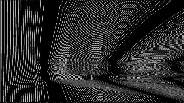 Abstract black and white image with numerous horizontal lines creating a distorted, wave-like pattern and a sense of digital glitch art.