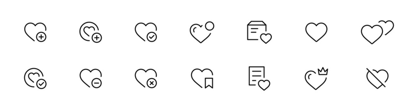 Minimal heart interaction icon set with like, save, favorite, remove, and wishlist actions in clean editable stroke outline style.