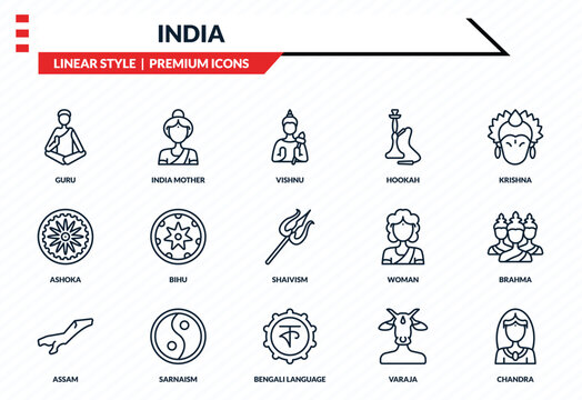 india icons set - guru, india mother, ashoka, bengali language, chandra outline vector collection.