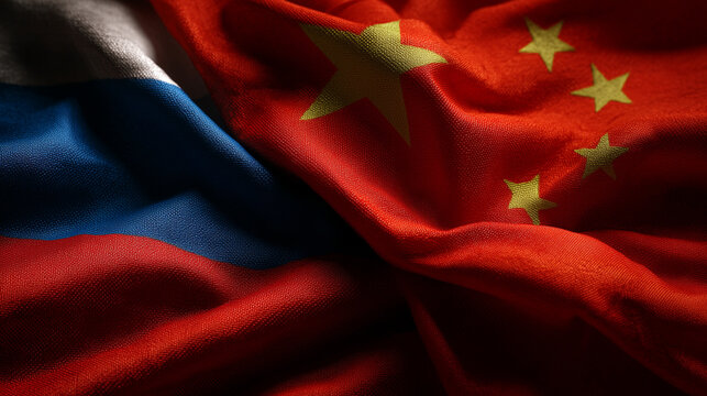 Diplomatic relations between china and russia international flags textile art close-up global politics