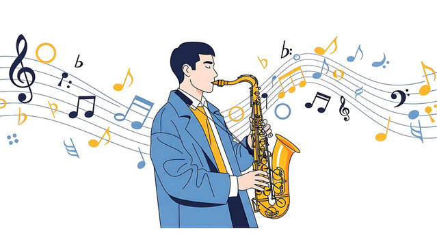 Man playing saxophone with musical notes flowing in the background, illustration.