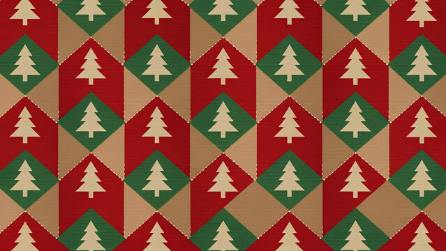 Seamless Christmas pattern featuring stylized pine trees in red, green, and beige diamond shapes, festive retro style, perfect for wrapping paper, textiles, backgrounds, and holiday designs.
