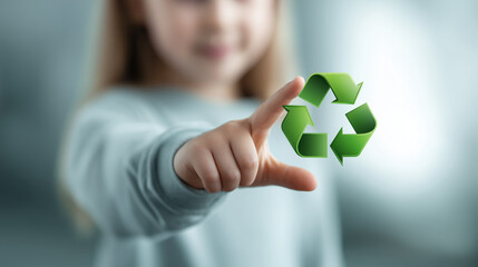 close up of a child's hand touching a floating green recycle symbol, eco-friendly business concept of environmental responsibility, sustainable future and recycling awareness for next generation