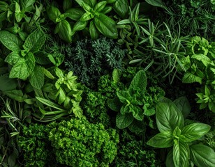Naklejka premium Fresh Green Herbs Collection on Dark Background for Culinary Use
