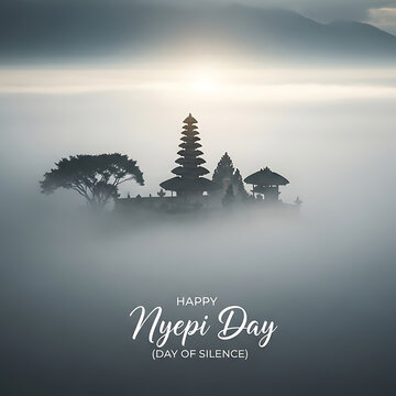Happy Nyepi Day (Day of Silence) - a serene Balinese temple shrouded in mist, celebrating peace and reflection
