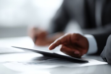 Business advisors planning marketing and investment strategy using digital tablet, professional tone