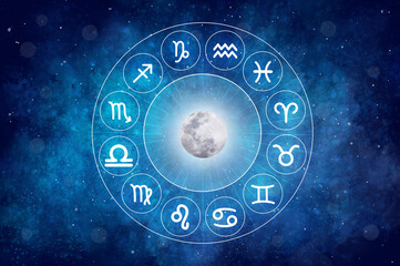 A Western astrological circle containing the 12 zodiac symbols against a beautiful, colorful star-filled space background. Astrology and horoscope concepts. © Sudarat