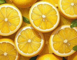 Vibrant Slices of Fresh Lemon with Green Leaves on Bright Background