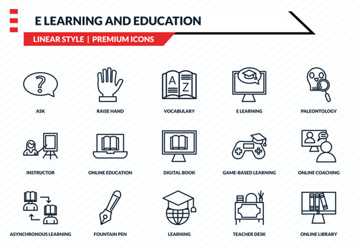 e learning and education icons set - ask, raise hand, instructor, learning, online library outline vector collection.