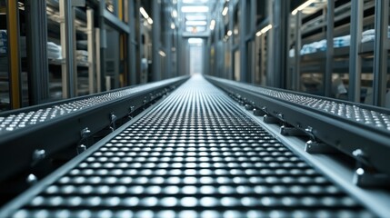 A long, narrow, metallic walkway with a grid pattern in a warehouse setting.