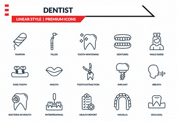 dentist icons set - tampon, filler, fake tooth, health report, occlusal outline vector collection. © IconArt