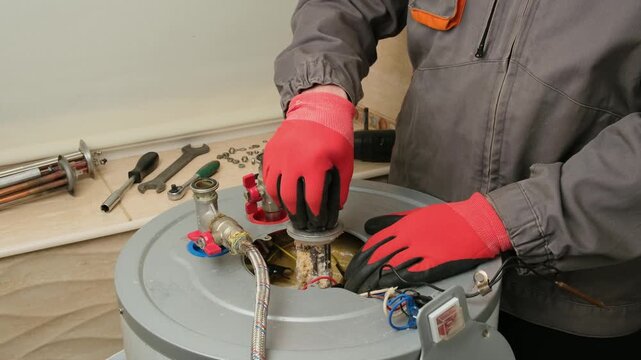 Repairman in red gloves taking a damaged heating element covered with limescale out of boiler. Electric Water Heater Maintenance and Repair.