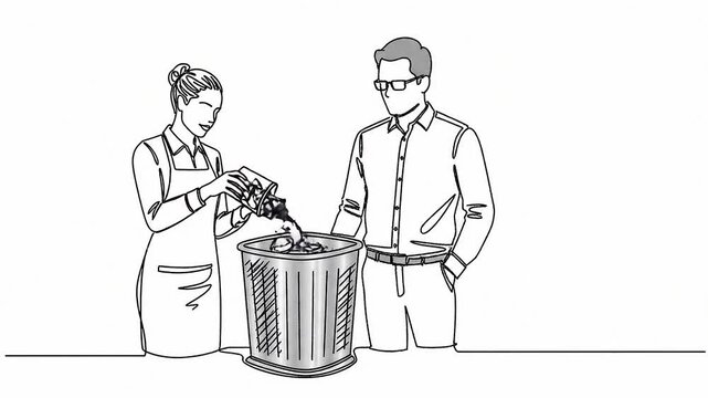 Composting organic waste concept person throwing food scraps into a compost bin for decomposition and soil fertilization Flat 2D vector outline illustration animation motion graphics Clean solid backg