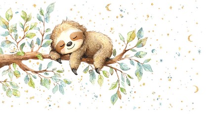 Fototapeta premium Watercolor Illustration Cute Baby Sloth Sleeping on Tree Branch Watercolor Illustration. Whimsical Nursery Art and Wildlife Concept. Sleeping sloth on a tree branch with a celestial pastel background.