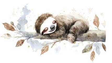 Fototapeta premium Watercolor Illustration Cute Baby Sloth Sleeping on Tree Branch Watercolor Illustration. Whimsical Nursery Art and Wildlife Concept. Sleeping sloth on a tree branch with a celestial pastel background.