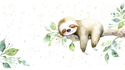 Fototapeta premium Watercolor Illustration Cute Baby Sloth Sleeping on Tree Branch Watercolor Illustration. Whimsical Nursery Art and Wildlife Concept. Sleeping sloth on a tree branch with a celestial pastel background.