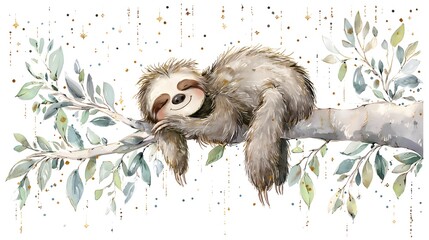 Fototapeta premium Watercolor Illustration Cute Baby Sloth Sleeping on Tree Branch Watercolor Illustration. Whimsical Nursery Art and Wildlife Concept. Sleeping sloth on a tree branch with a celestial pastel background.