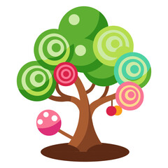 Vector illustration of a tree decorated with various chocolates and lollipops