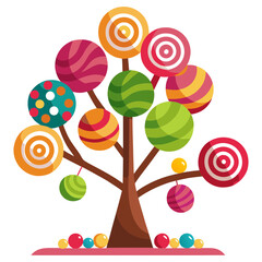 Vector illustration of a tree decorated with various chocolates and lollipops