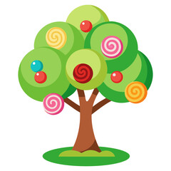 Vector illustration of a tree decorated with various chocolates and lollipops