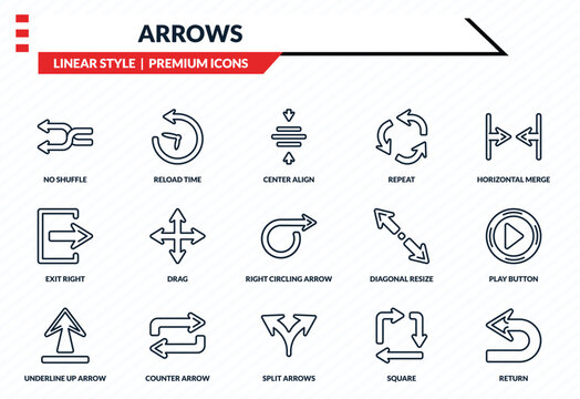 arrows icons set - no shuffle, reload time, exit right, split arrows, return outline vector collection.