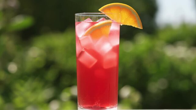 Fresh red cocktail with ice and orange slice in tall glass. Soft outdoor bokeh background. Refreshment footage