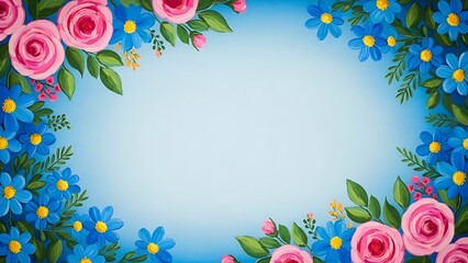 Floral border with pink roses and blue flowers
