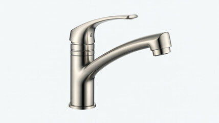 A brushed nickel kitchen faucet is mounted on a white countertop