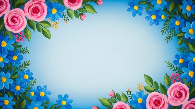 Floral border with pink roses and blue flowers - Powered by Adobe