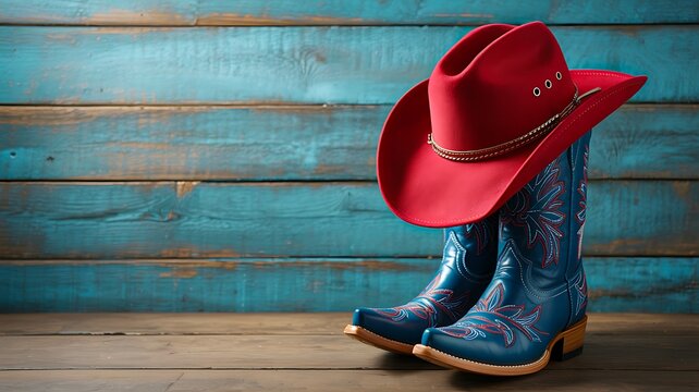 Red cowboy hat with blue western boots on wooden floor
